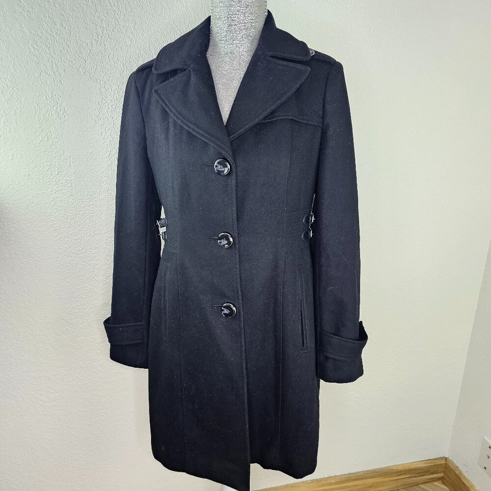 Kenneth Cole New York Black Wool Blend Side Buckle Coat Size 6